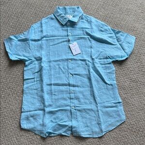 Porter & Ash | 100% Linen Short Sleeve Casual Button Down Shirt in Blue | Size L